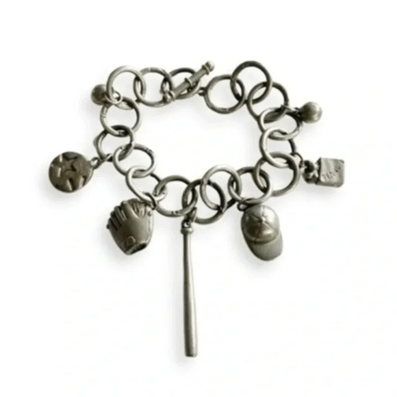 Jim Clift pewter baseball charm toggle clasp bracelet, bat hat ball baseball fan - Picture 2 of 7